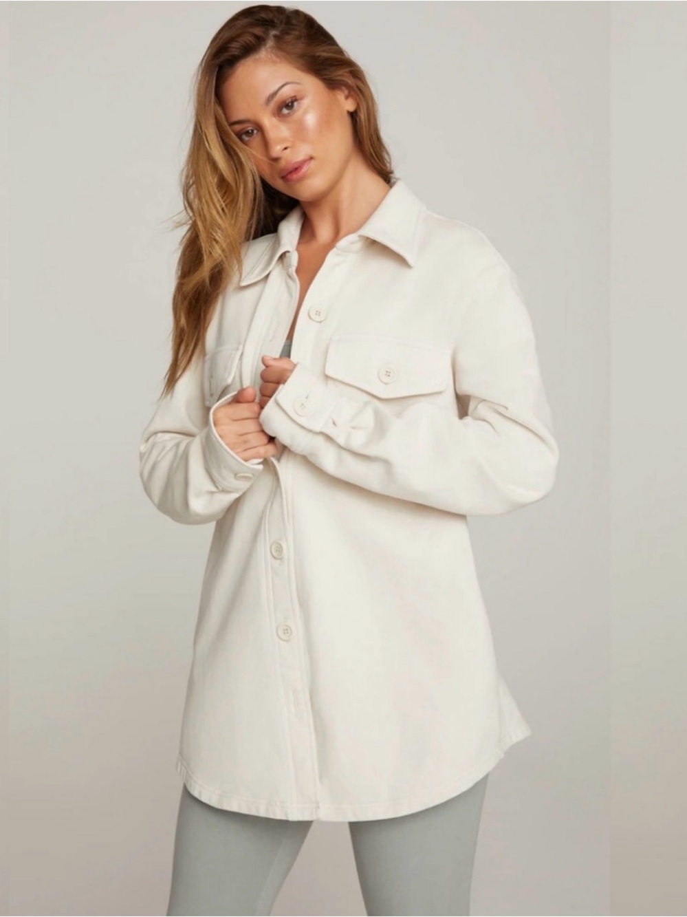 Bone Good American Women's Cream Button-Front Oversized Shirt Jacket size 1/2